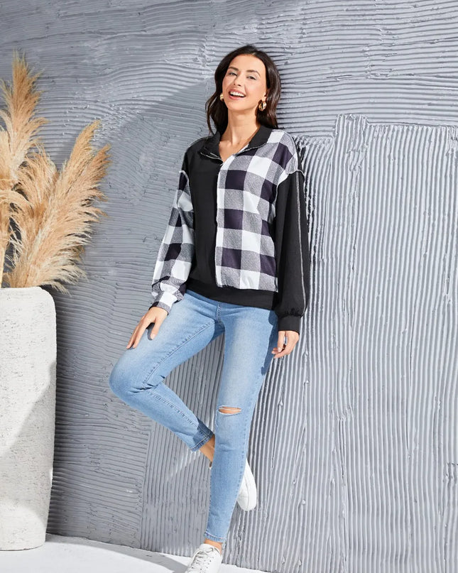 Plaid Exposed Seam Long Sleeve Blouse