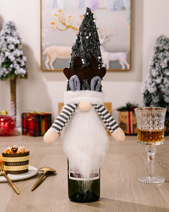 Sequin Pointed Hat Faceless Gnome Wine Bottle Cover Dark Gray One Size