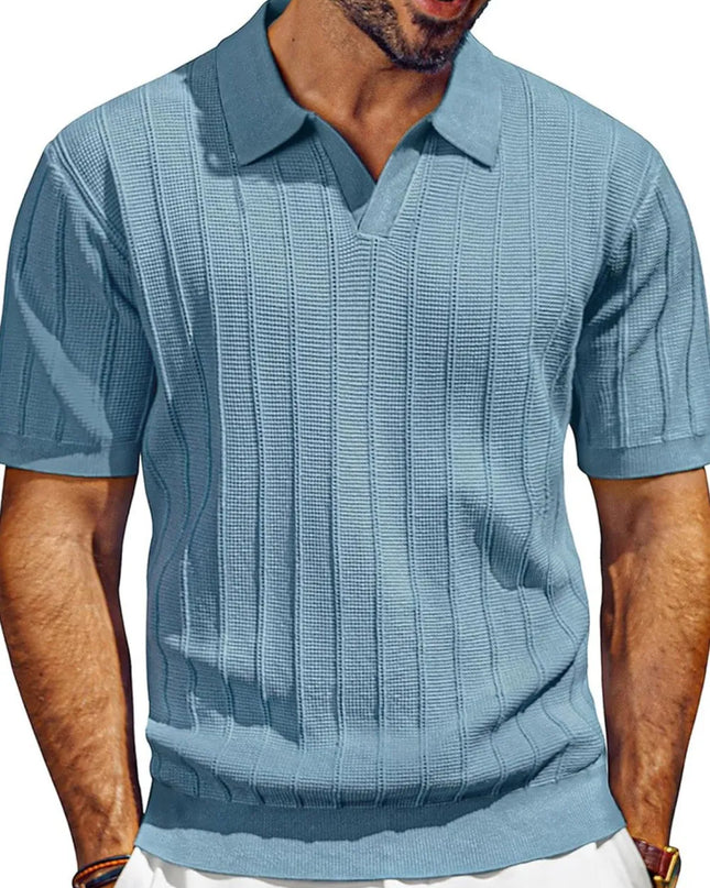 Men's Full Size Textured Collared Neck Short Sleeve Polo Plus Size Light Blue