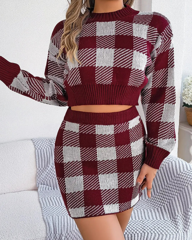Plaid Round Neck Top and Skirt Sweater Set