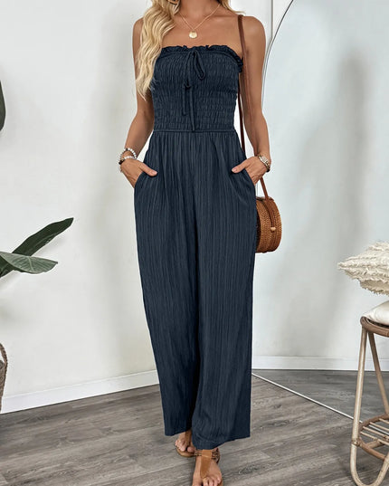 Smocked Tube Wide Leg Jumpsuit Dark Blue