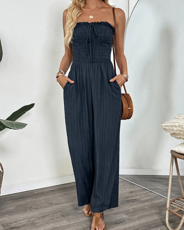 Smocked Tube Wide Leg Jumpsuit Dark Blue