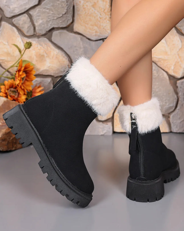 Faux Fur Trim Suede Platform Boots Black