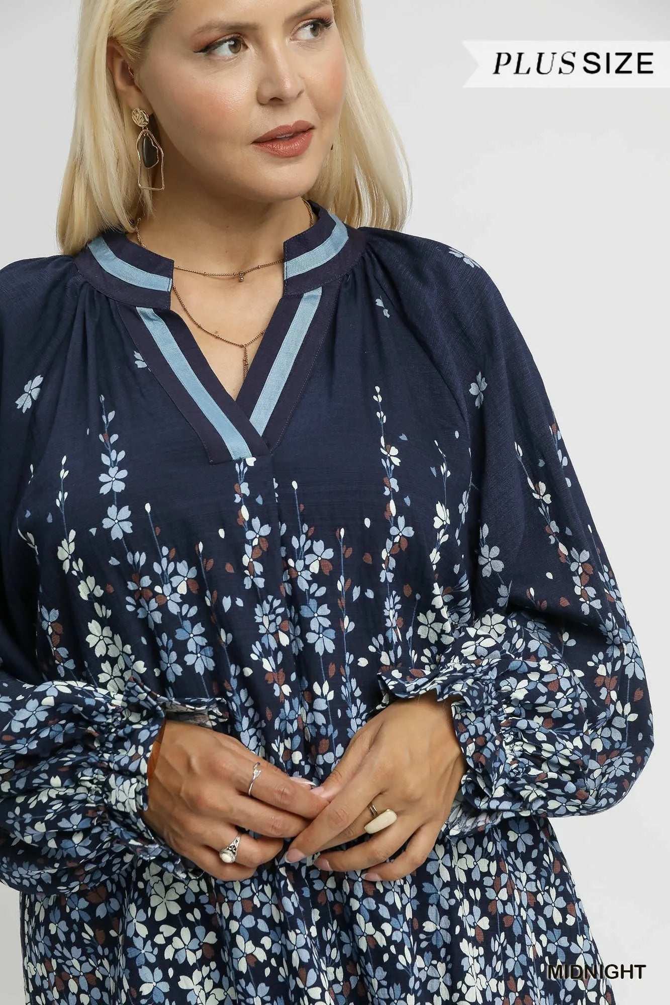Umgee Full Size Floral Vine Print Blouse with Balloon Sleeves Plus Size