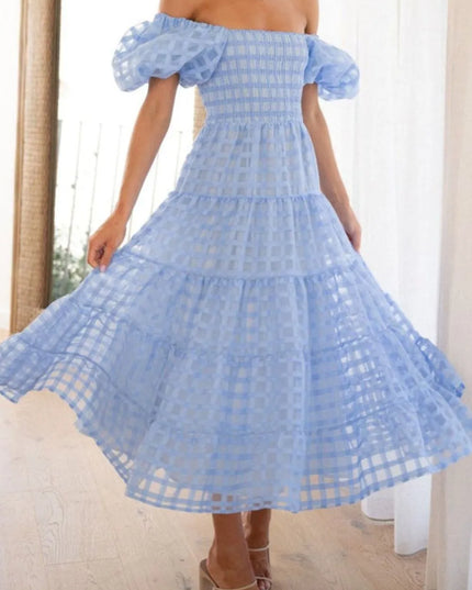 Off Shoulder Short Puff Sleeve Midi Dress Light Blue