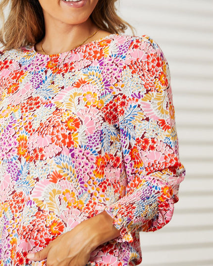 Double Take Floral Print Long Puff Sleeve Blouse