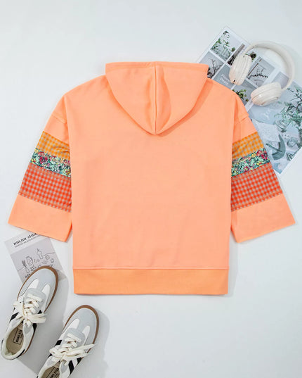 Plaid Floral Patchwork Kangaroo Pocket Hoodie