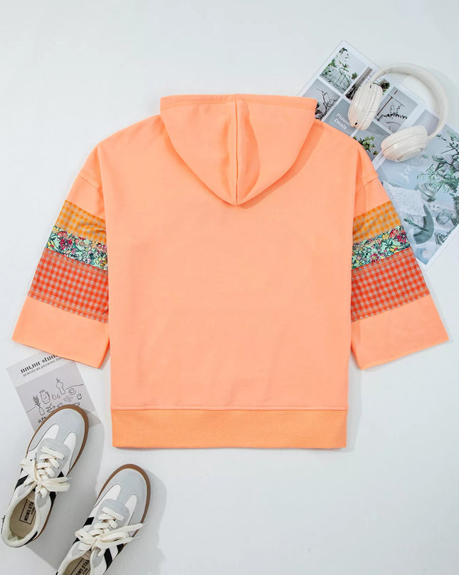 Plaid Floral Patchwork Kangaroo Pocket Hoodie