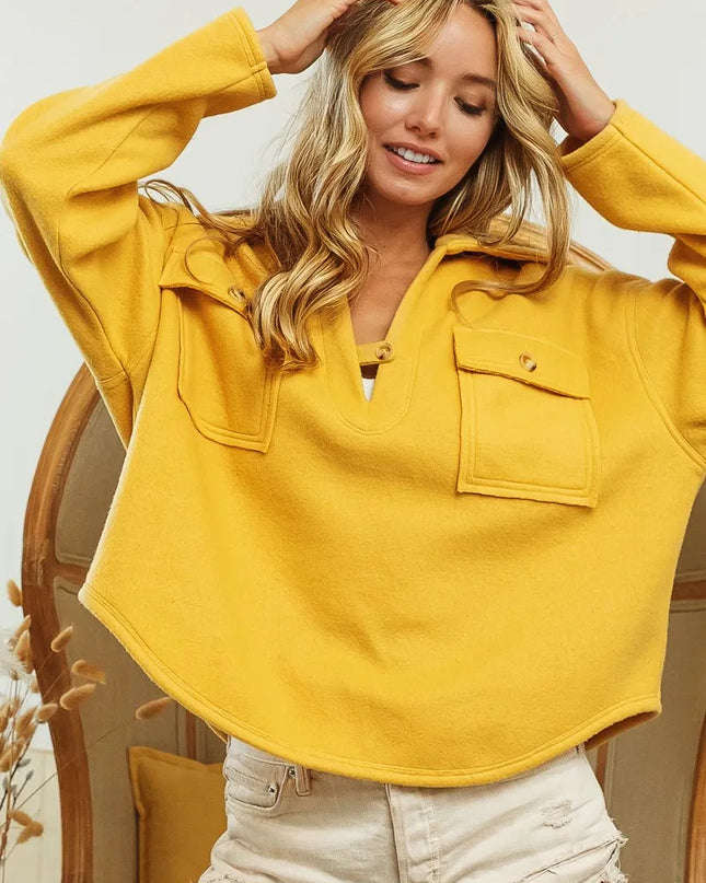 BiBi Flap Pockets Fleece Collared Sweatshirt