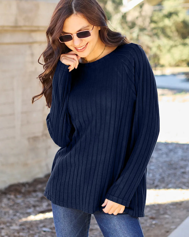 Basic Bae Full Size Ribbed Round Neck Long Sleeve Knit Top Dark Blue