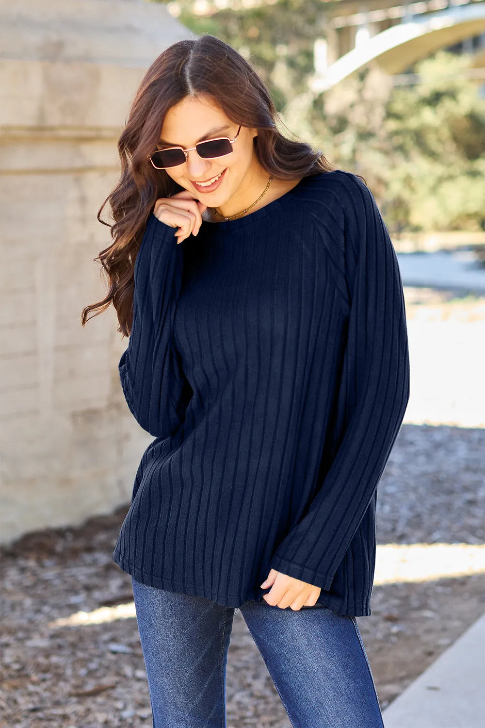 Basic Bae Full Size Ribbed Round Neck Long Sleeve Knit Top Dark Blue