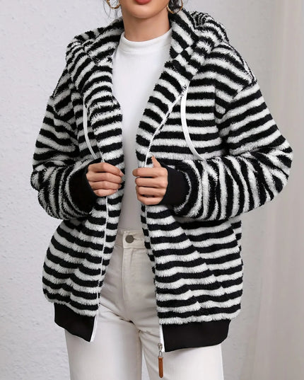 Striped Fuzzy Zip Up Hooded Outerwear Black