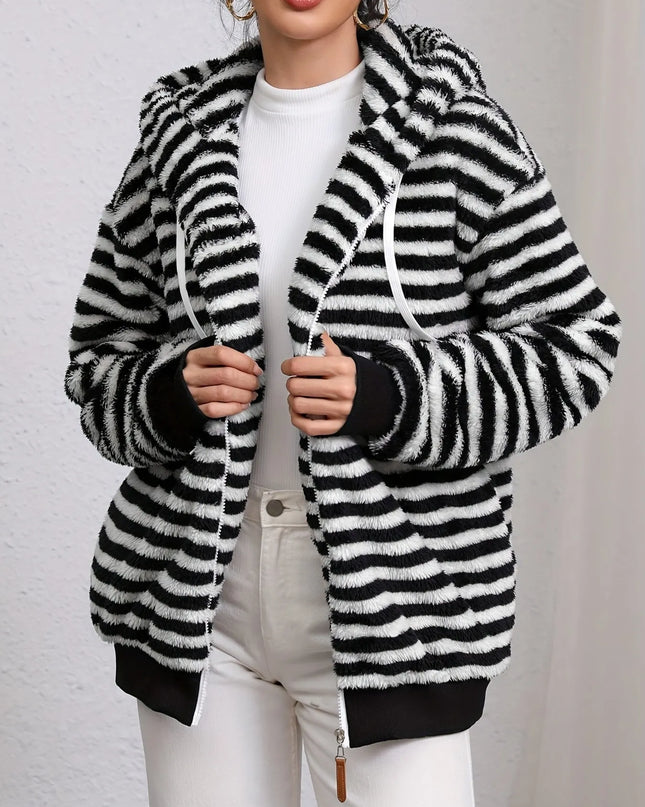 Striped Fuzzy Zip Up Hooded Outerwear Black