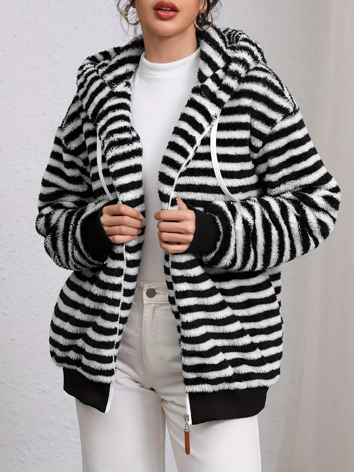 Striped Fuzzy Zip Up Hooded Outerwear Black