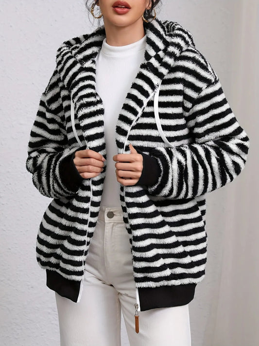 Striped Fuzzy Zip Up Hooded Outerwear Black