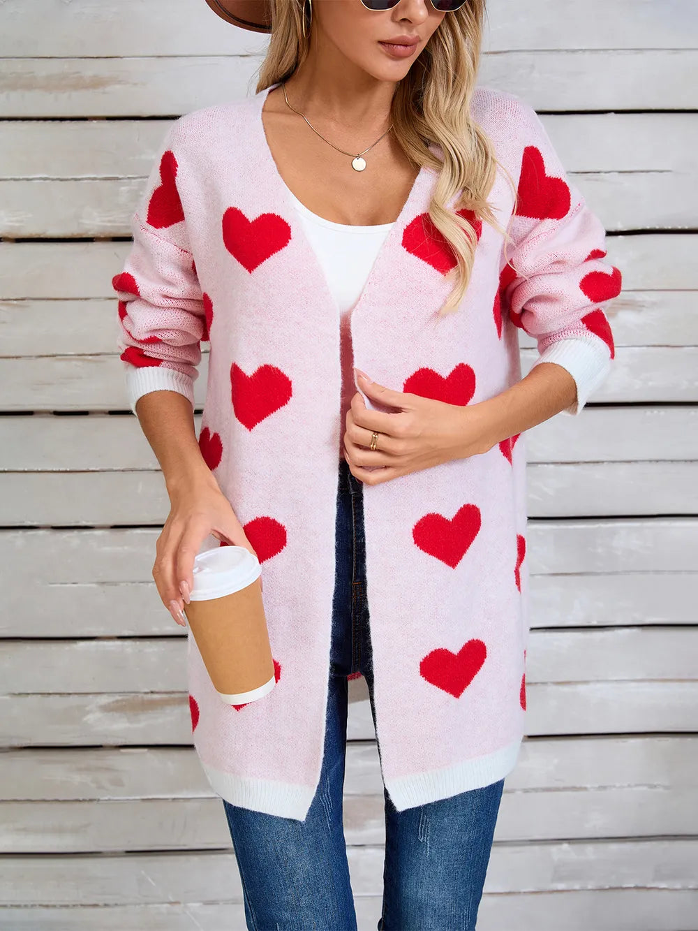 Angel Wings Heart Open Front Long Sleeve Cardigan Blush Pink