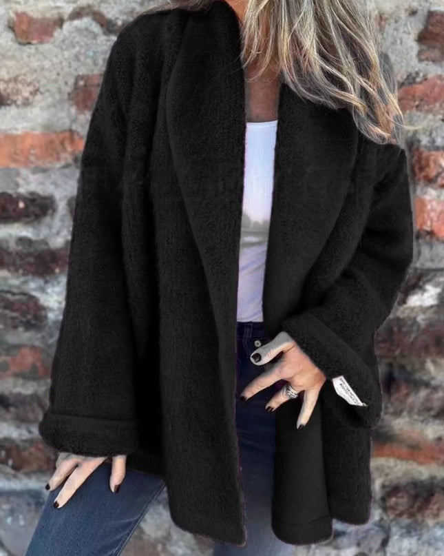 Open Front Long Sleeve Fluffy Jacket Black