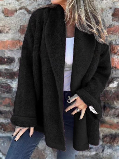 Open Front Long Sleeve Fluffy Jacket Black