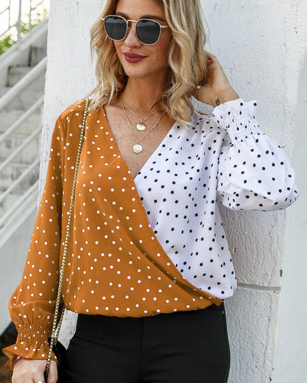 Ivy Lane Polka Dot Surplice Neck Lantern Sleeve Blouse 