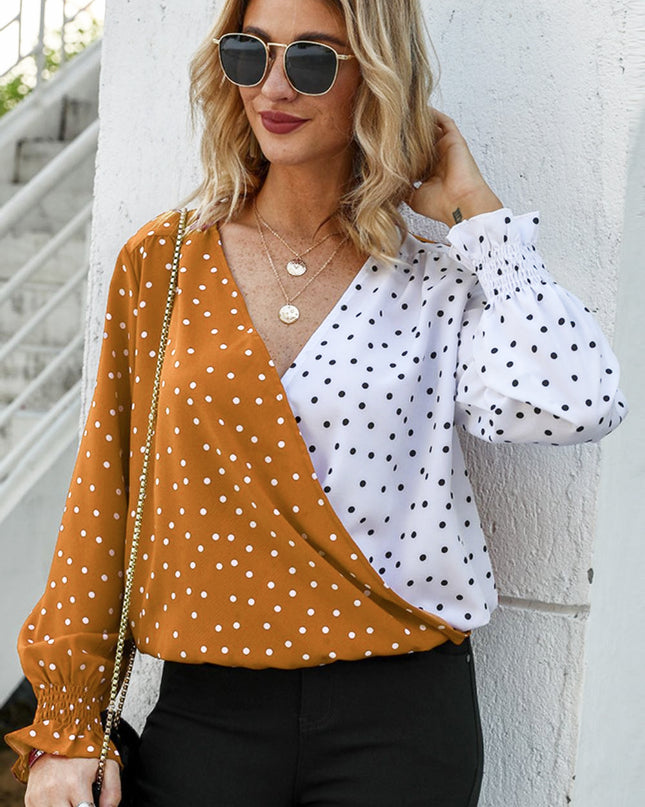 Ivy Lane Polka Dot Surplice Neck Lantern Sleeve Blouse 