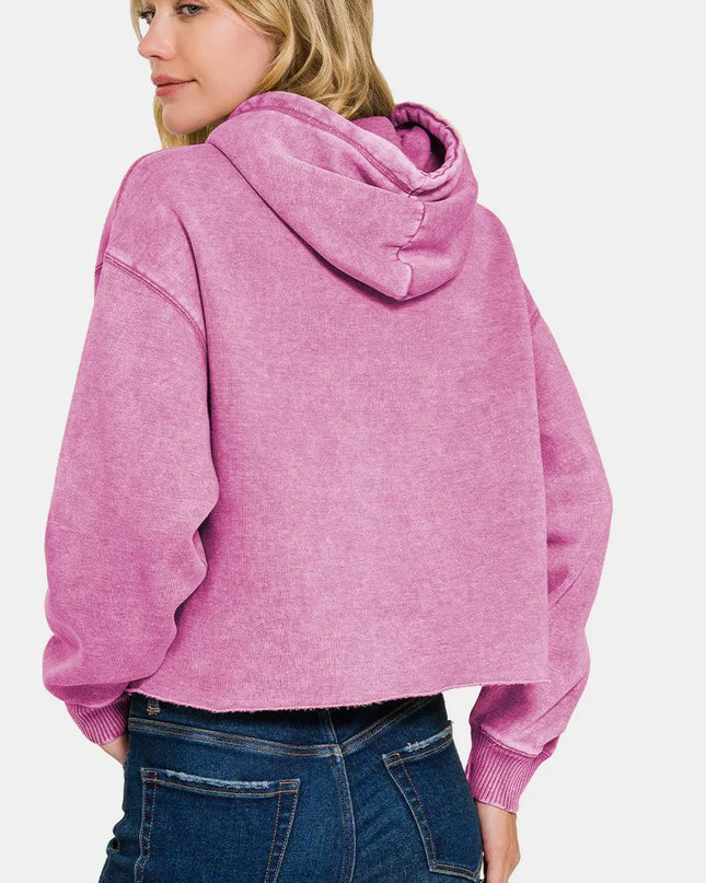 Zenana Acid Wash Fleece Cropped Hoodie