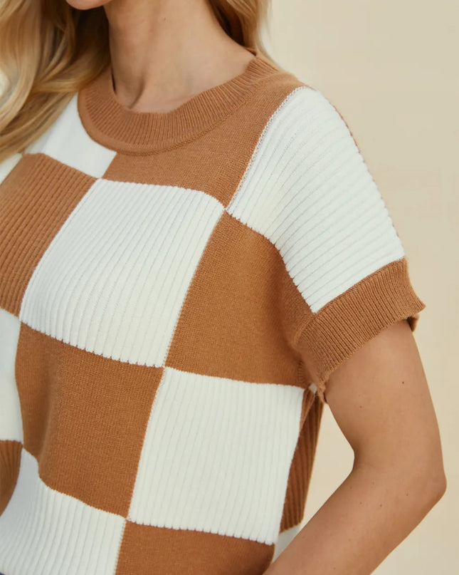 Double Take Full Size Checkered Round Neck Short Sleeve Sweater