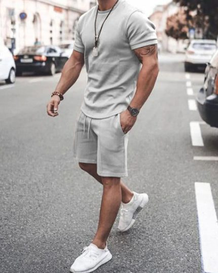 Men's Plus Size Round Neck Short Sleeve Top and Shorts Set Dark Gray