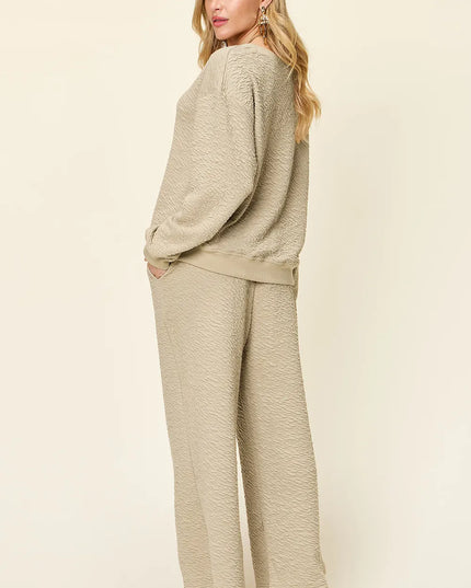 Double Take Full Size Texture Long Sleeve Top and Pants Set