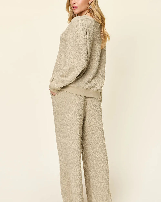 Double Take Full Size Texture Long Sleeve Top and Pants Set