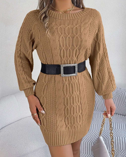 Cable-Knit Round Neck Sweater Dress Camel