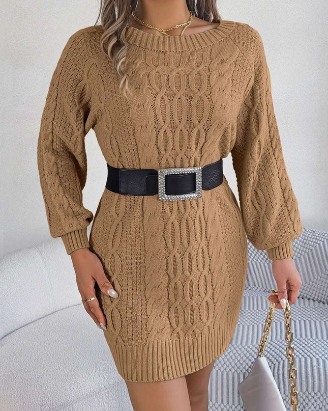Cable-Knit Round Neck Sweater Dress Camel