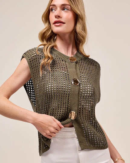 SO ME Big Metal Button Front Openwork Sweater Vest MOCHA