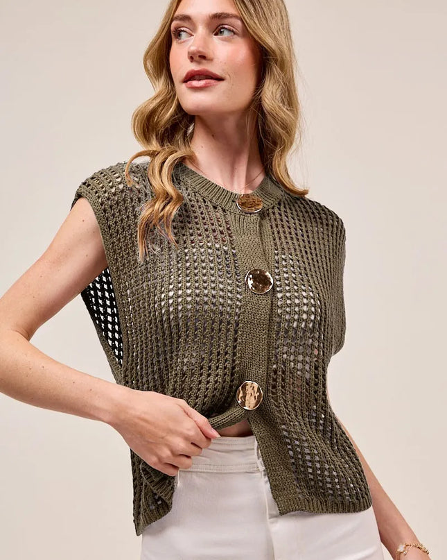 SO ME Big Metal Button Front Openwork Sweater Vest MOCHA