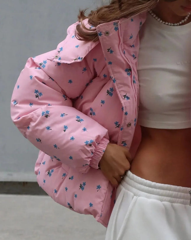 Floral Print Puffer Jacket with Hood