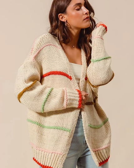 SO ME Loose Fit Multi Stripe Open Front Cardigan