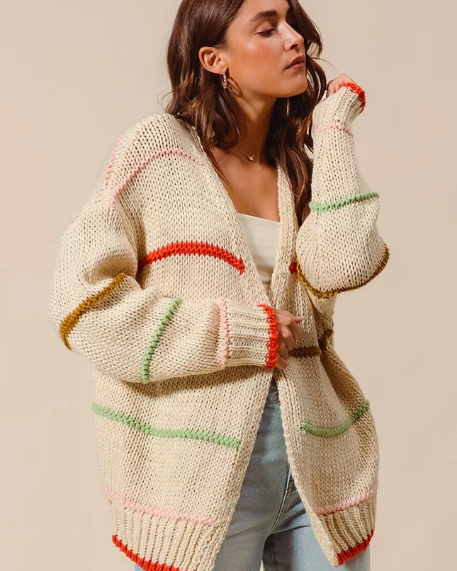 SO ME Loose Fit Multi Stripe Open Front Cardigan