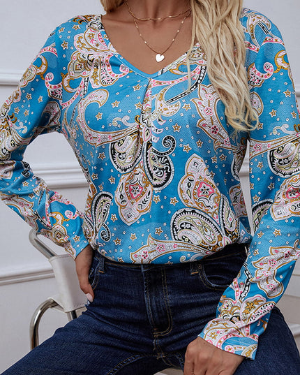 Shiny Printed V-Neck Long Sleeve Blouse 