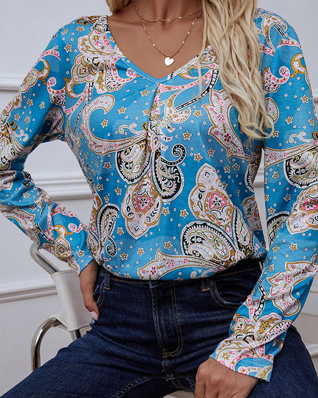Shiny Printed V-Neck Long Sleeve Blouse 