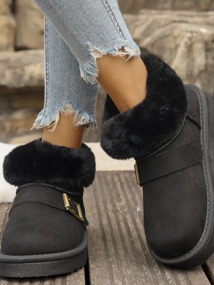 Fur-Lined Buckle Winter Ankle Boots Black