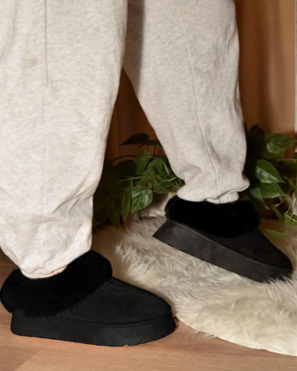 WILD DIVA Faux-Fur Platform Slip On Booties Black