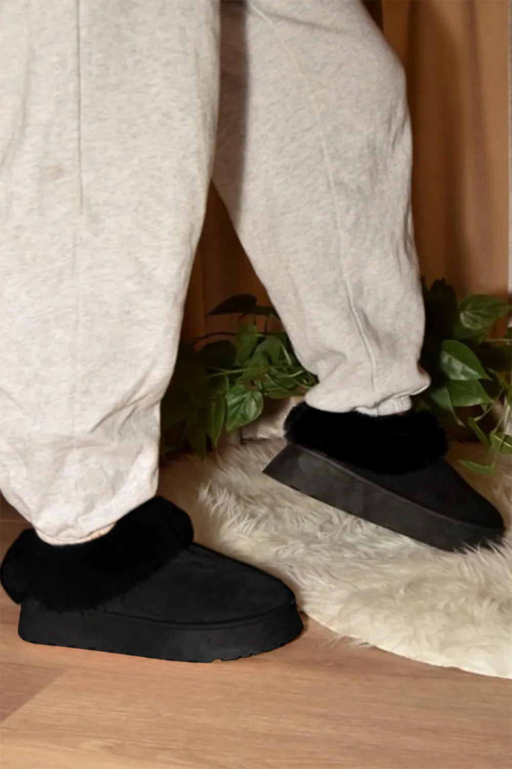 WILD DIVA Faux-Fur Platform Slip On Booties Black