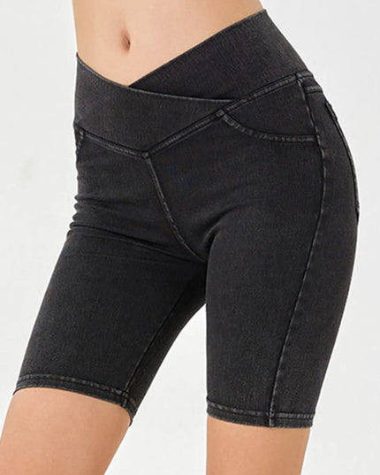 Basic Bae Asymmetrical Waist Denim Shorts with Pockets Dark