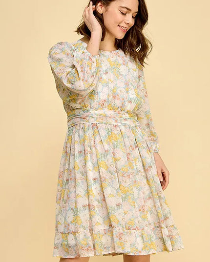 Lime 'N' Chili Chiffon Floral Print Belted Dress with Back Zipper 