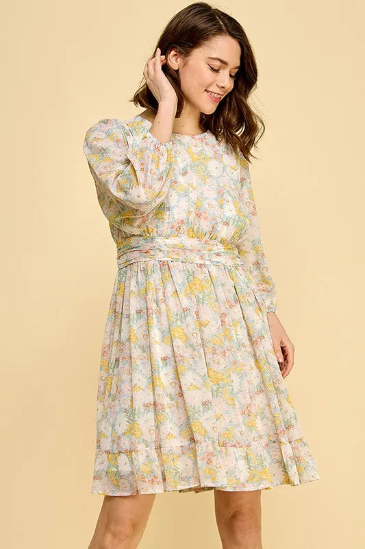 Lime 'N' Chili Chiffon Floral Print Belted Dress with Back Zipper 