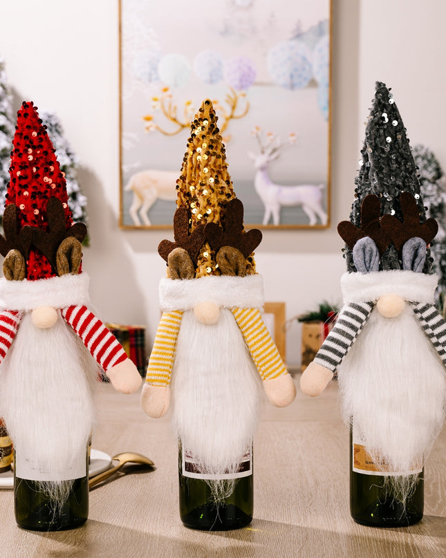 Sequin Pointed Hat Faceless Gnome Wine Bottle Cover