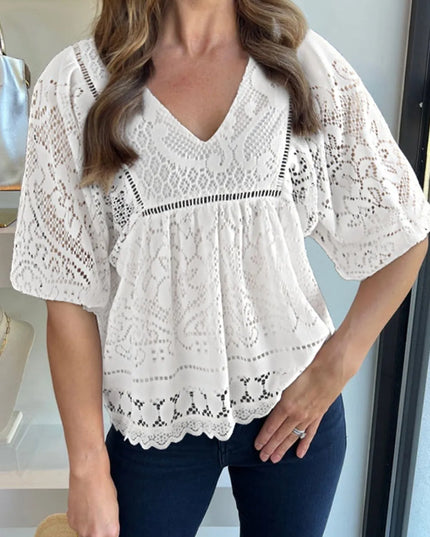 Lace Crochet Hollowed Scallop Hem V Neck Blouse White