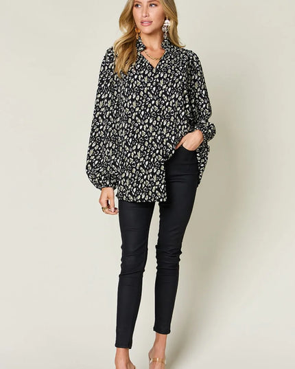 Double Take Full Size Leopard Long Sleeve Blouse