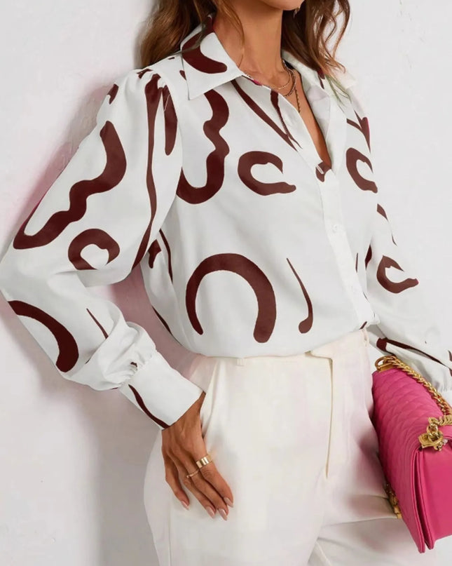 Abstract Print Long Sleeve Collared Shirt White