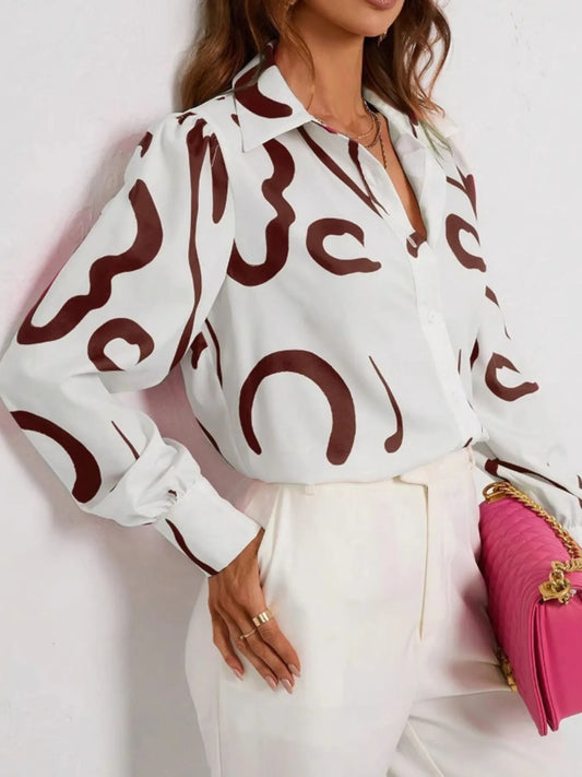 Abstract Print Long Sleeve Collared Shirt White