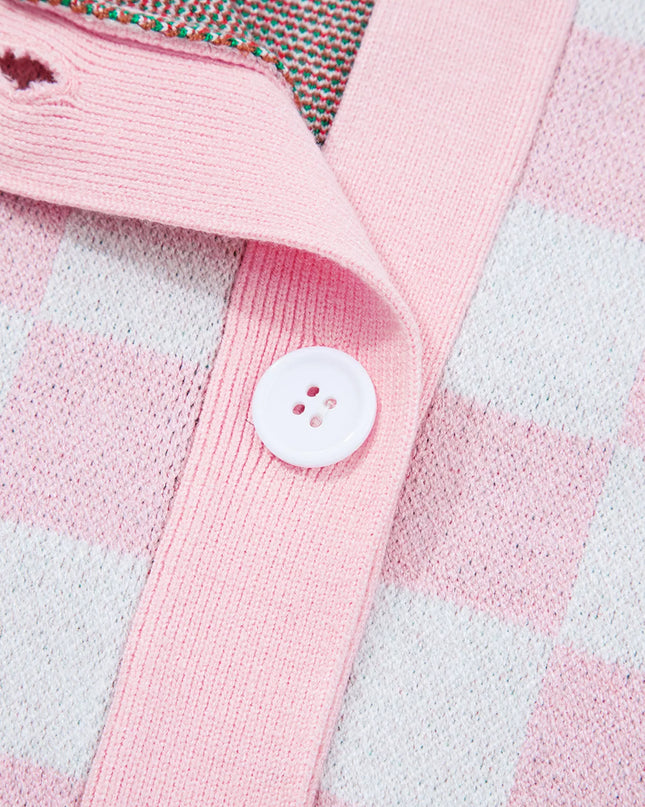 Christmas Tree Pattern Checkered Button V Neck Cardigan